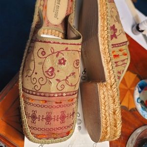 Pair of Andre Assous espadrilles, jewel tones on khaki silk, size 9